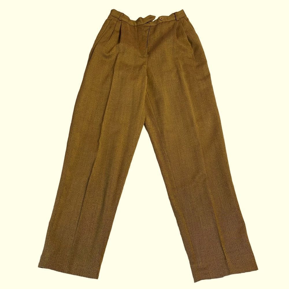 Vintage Burberry’s Brown Pants, Wool high waist Pleated Trousers Size 4 Petite